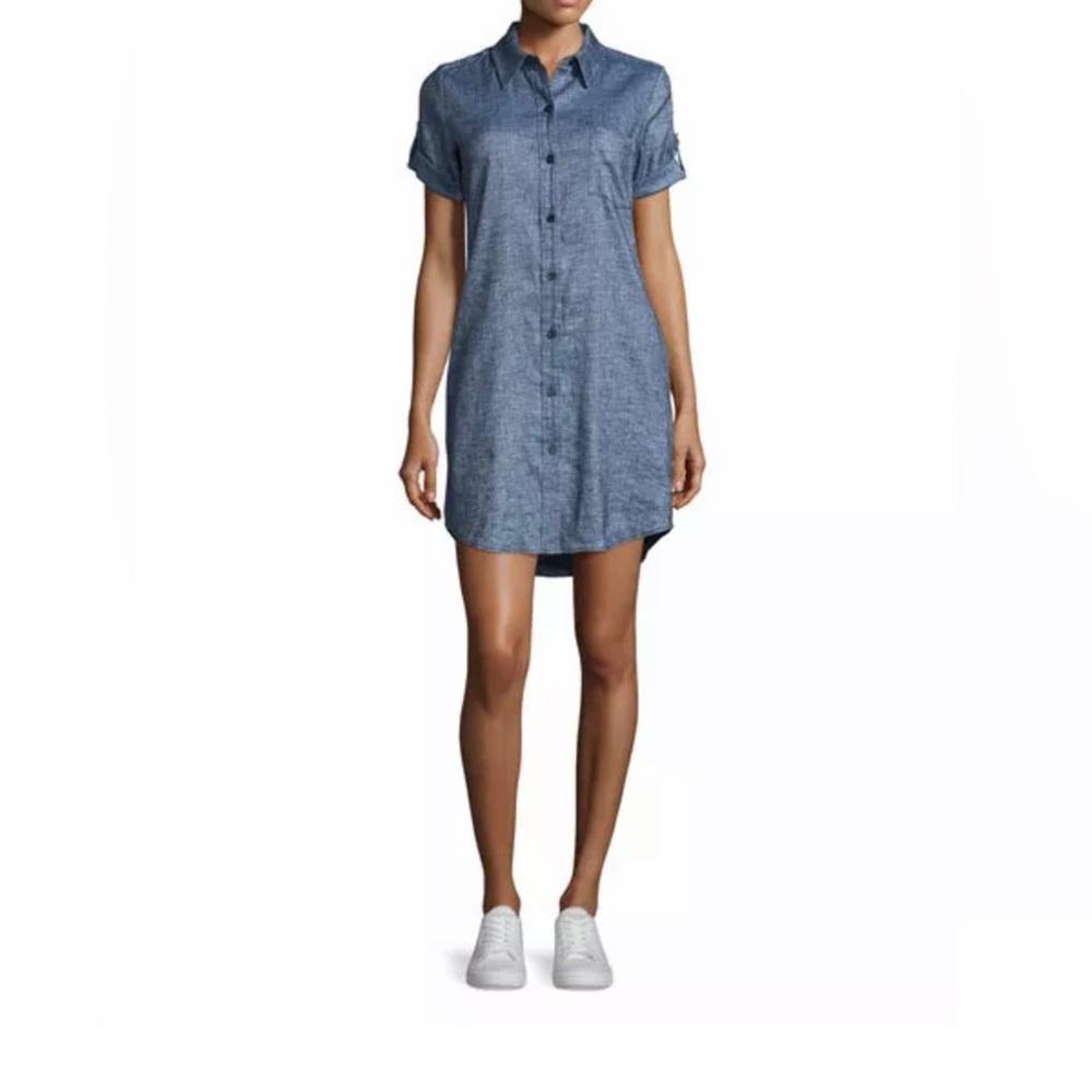 Theory Mayvine Tierra Wash Shirt Dress Blue Short Sleeve Linen Blend Size 00